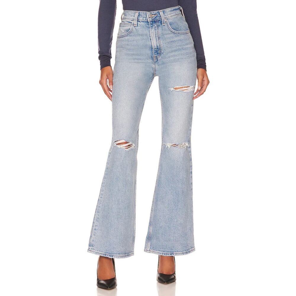 LEVIS 70s High Rise Flare Distressed Denim You and I Wash Sz 25‎